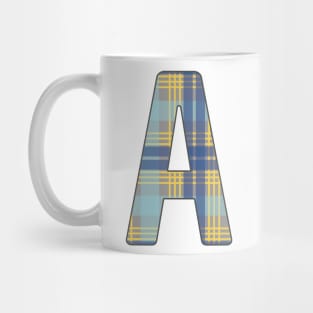 Monogram Letter A, Blue, Yellow and Grey Scottish Tartan Style Typography Design Mug